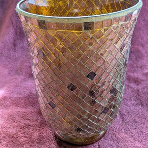 brn/ gld mosaic hurricance glass vase/candle holder, 9.5 in tall/6 in diam